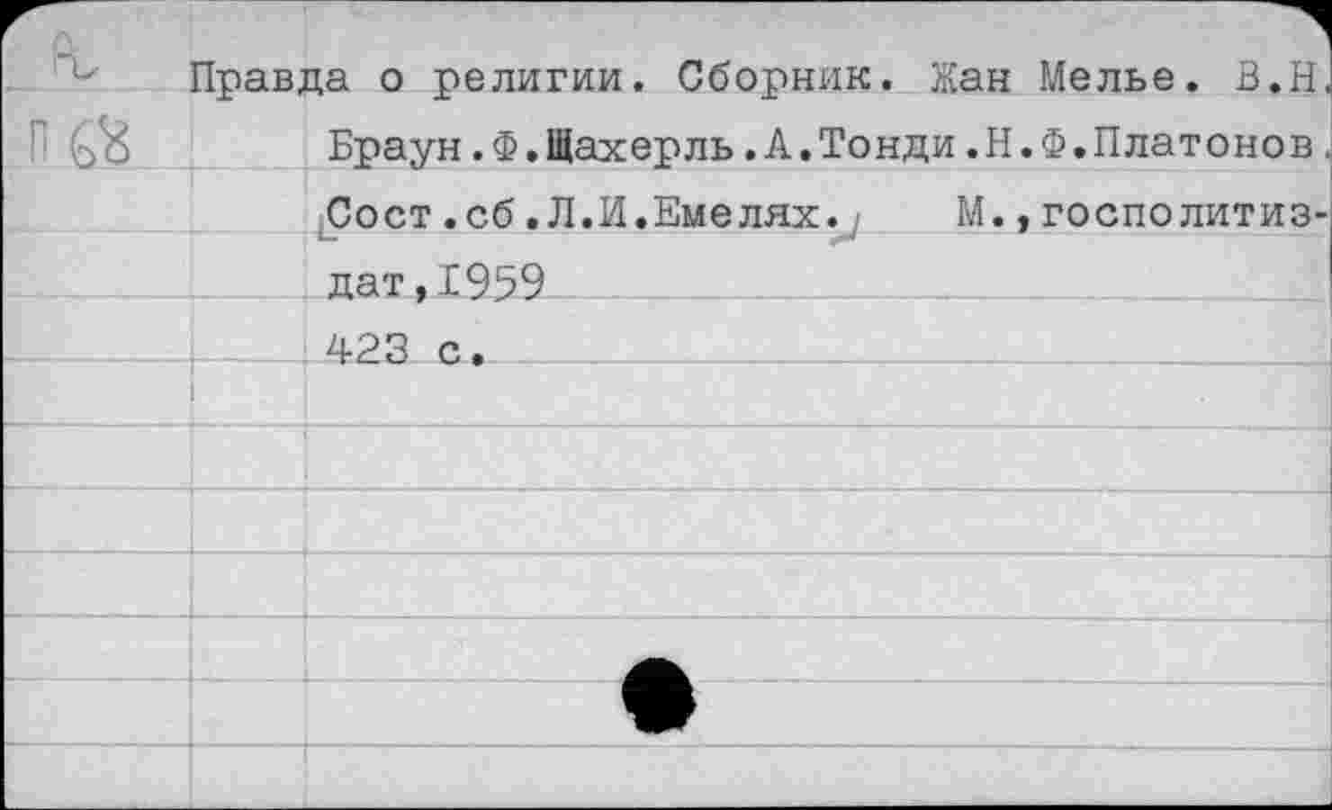 ﻿Правда о религии. Сборник. Жан Мелье. В.Н Браун.Ф.Щахерль.А.Тонди.Н.Ф.Платонов Сост .сб. Л.И.Емелях.у М., госполитиЗ' дат,1959 423 с.